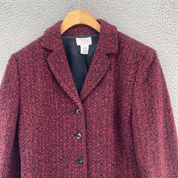 LOFT Blazer Womens 6 Red Black Wool Blend Button Up Pockets Office Career Work - Picture 2 of 10